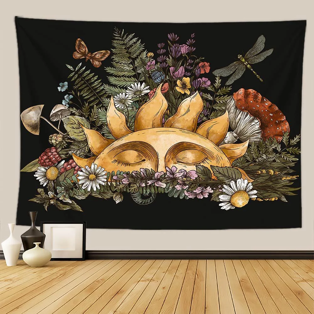 

Mystery Vintage Tarot Mushroom Tapestry Wall Hanging Witch Hand Mural Botanical Butterfly Sun and Moon Hippie Aesthetic Tapestry