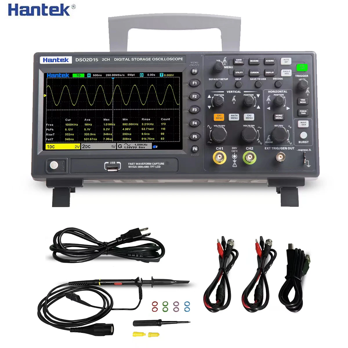 Цифровой осциллограф Hantek DSO2D15, 2 канала, 150 МГц, USB-осциллограф с 1-канальным генератором сигналов
Цифровой осциллограф Hantek DSO2D15, 2 канала, 150 МГц, USB-осциллограф с 1-канальным генератором сигналов