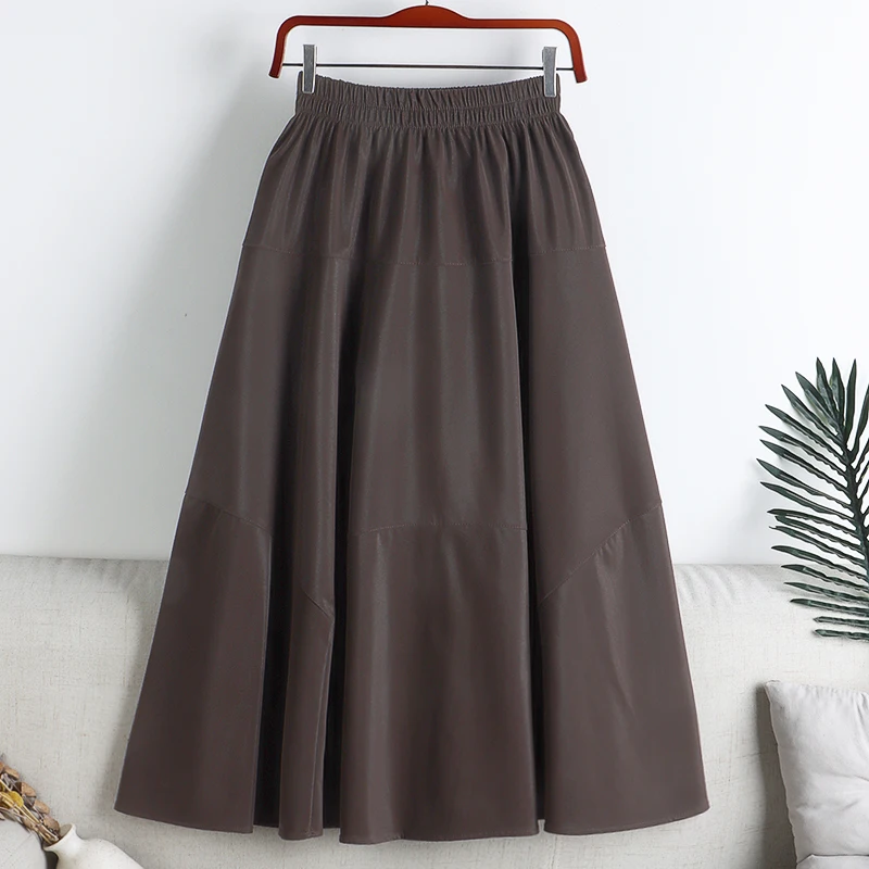 

Женская длинная юбка из ПУ кожи, однотонная эластичная коричневая юбка трапециевидной формы с завышенной талией, повседневная одежда для о...