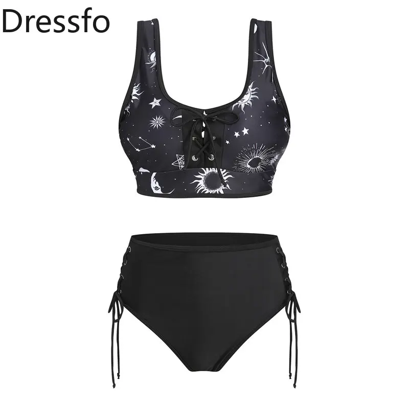 

Dressfo Women Two Piece Vacation Swimwear Resort Lace Up Summer Beach Swimsuit Sun Moon Star Print High Waist Tankini Swimwear