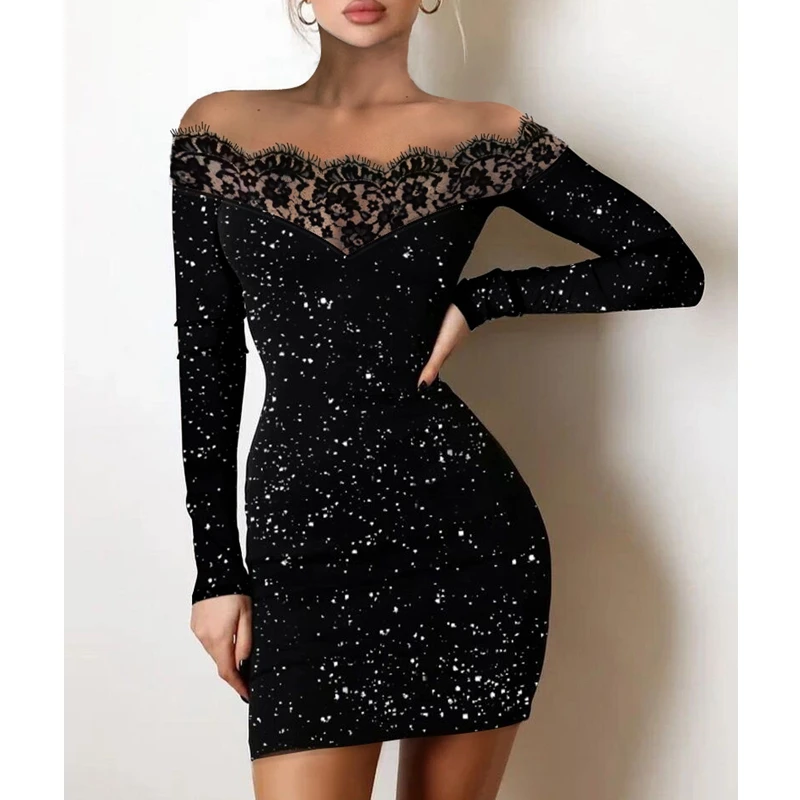 Autumn Sexy Dress Women Slim-Fit Sequined Lace Stitching Dress Women's Long Sleeve Off Shoulder Slash Neck High Waist Mini Dress
Autumn Sexy Dress Women Slim-Fit Sequined Lace Stitching Dress Women's Long Sleeve Off Shoulder Slash Neck High Waist Mini Dress