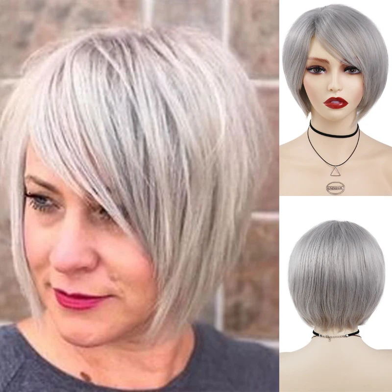 

GNIMEGIL Synthetic Short Bob Haircut Wig with Bangs for Female Old Ladies Stylish Grey Straight Mommy Wig Daily Cosplay Costume
