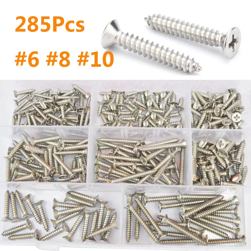 285Pcs #6 #8 #10 Stainless Steel Cross Flat Head Self Tapping Screw Assortment Kit Wood Thread Nail Screw Countersunk Head Screw
285Pcs #6 #8 #10 Stainless Steel Cross Flat Head Self Tapping Screw Assortment Kit Wood Thread Nail Screw Countersunk Head Screw