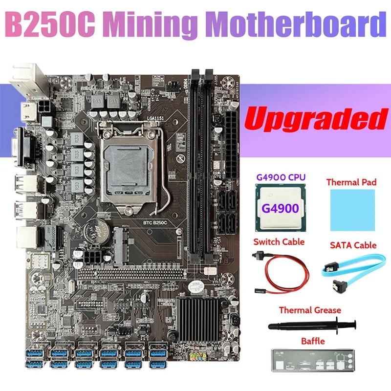 B250C ETH Miner Motherboard+G4900 CPU+Baffle+SATA Cable+Switch Cable+Thermal Grease+Thermal Pad LGA1151 12USB GPU Slot
B250C ETH Miner Motherboard+G4900 CPU+Baffle+SATA Cable+Switch Cable+Thermal Grease+Thermal Pad LGA1151 12USB GPU Slot