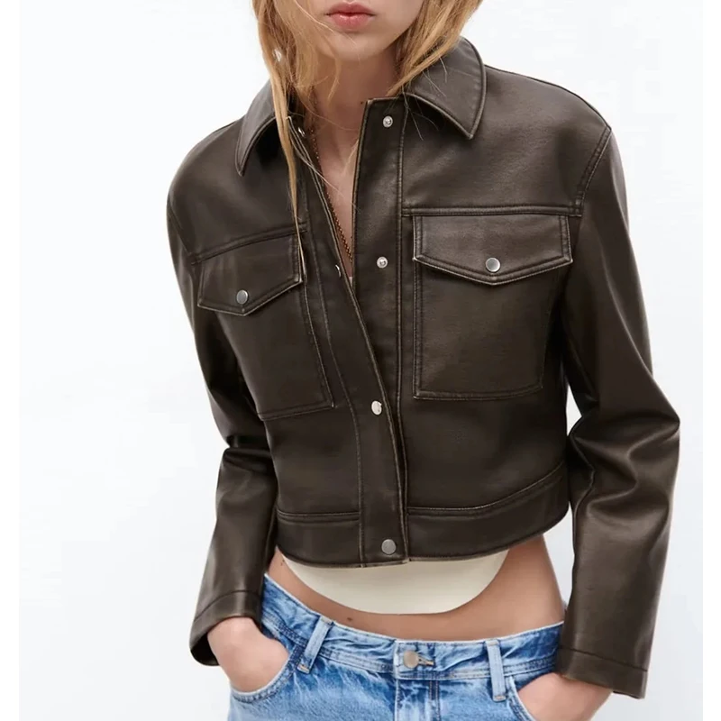 

za Women's Pu Jacket Coat Faux Leather Outwear Vintage Cropped Long Sleeve Tops Ladies Elegant traf Coat Solid Streetwear Jacket