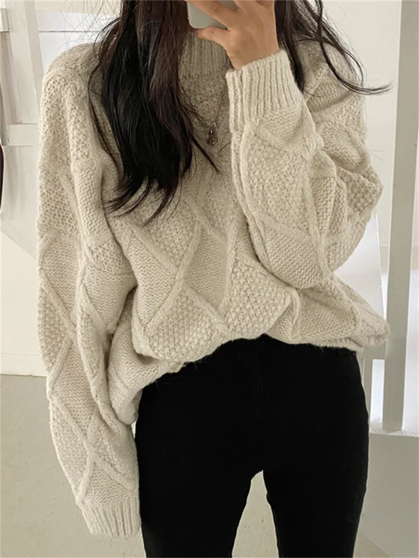 

Alien Kitty Apricot Women Jumpers Winter Mock Neck 2023 New Solid Chic Loose Pullovers Office Lady High Street Casual Sweaters