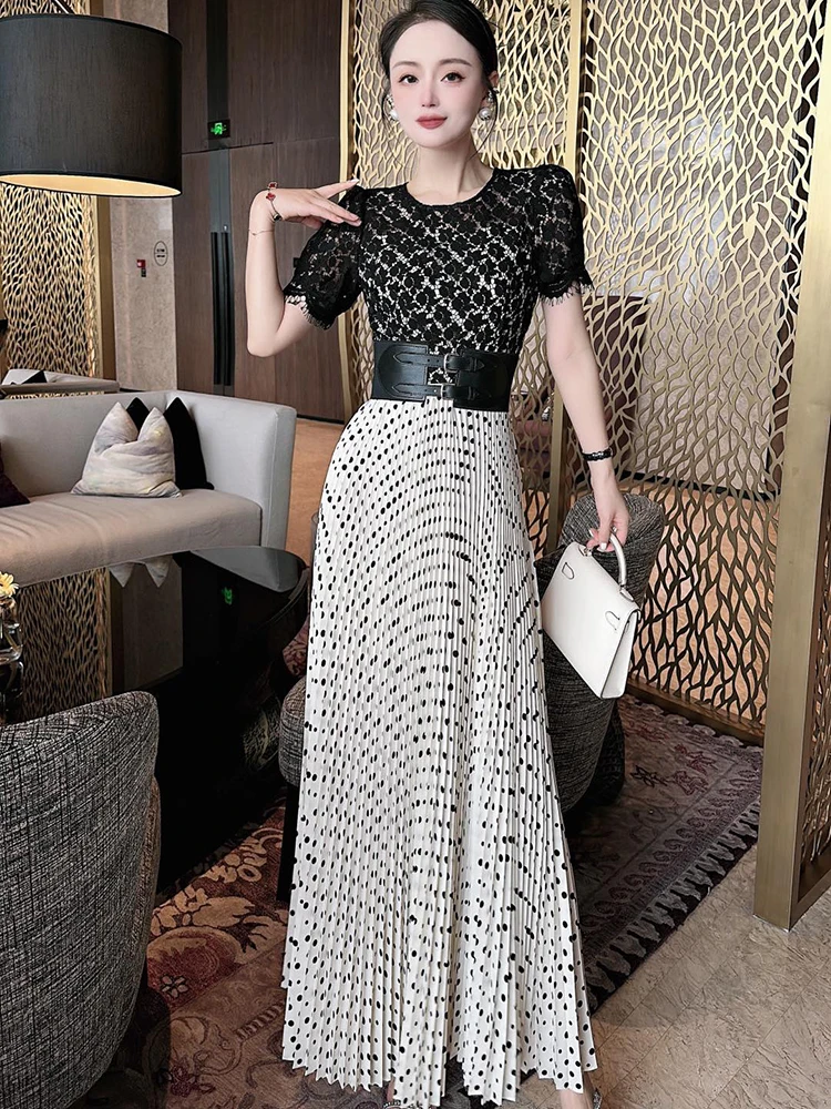 ZJYT Designer Polka Dot Patchwork Long Lace Dress Women White Black Pleated Vintage Party Vestidos Feminino Plus Size Elegant
ZJYT Designer Polka Dot Patchwork Long Lace Dress Women White Black Pleated Vintage Party Vestidos Feminino Plus Size Elegant