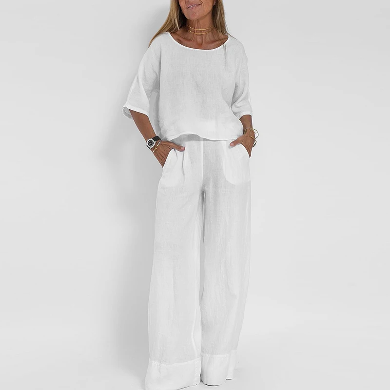 Women Casual Solid Cotton Linen Outfits Spring Round Neck Top Pullover and Wide Leg Pants Suits Summer Short Sleeve T-shirt Sets
Women Casual Solid Cotton Linen Outfits Spring Round Neck Top Pullover and Wide Leg Pants Suits Summer Short Sleeve T-shirt Sets