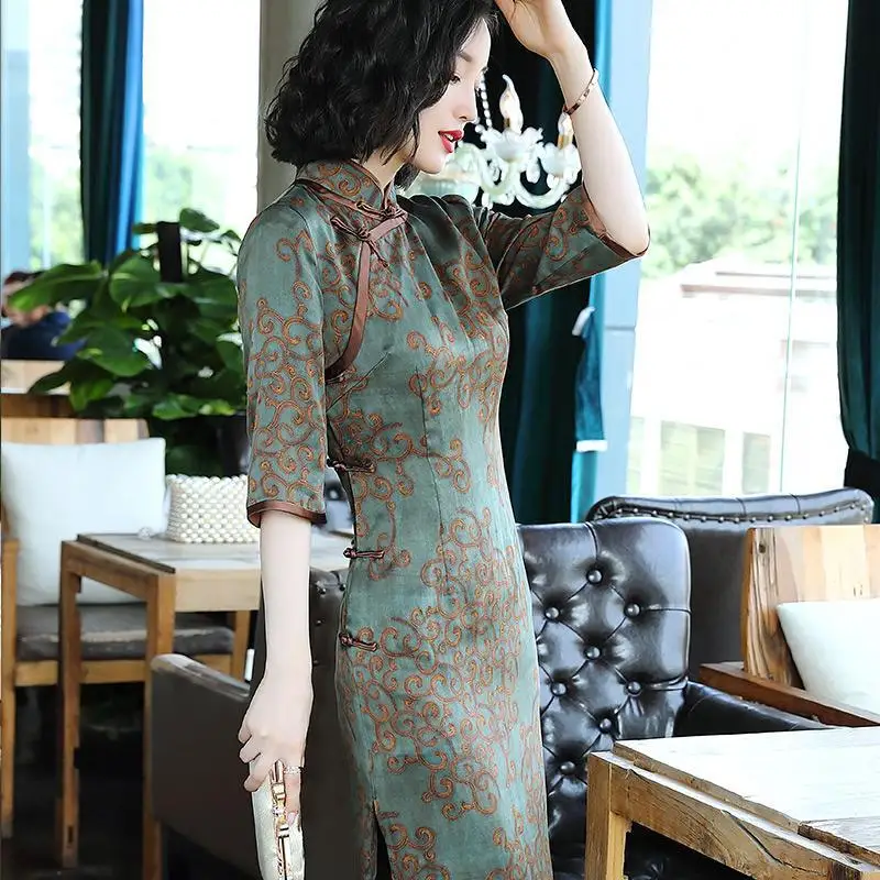 

Ципао в китайском ретро-стиле для женщин, Элегантное Длинное платье в улучшенном китайском стиле с рукавом до локтя и воротником-стойкой, модель g784, 2023