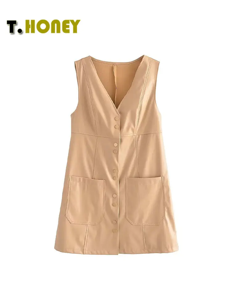 TELLHONEY Women Fashion V-Neck Faux Leather Mini Waistcoat Dress Female Single Breasted With Pockets A Line Vest Dresses
TELLHONEY Women Fashion V-Neck Faux Leather Mini Waistcoat Dress Female Single Breasted With Pockets A Line Vest Dresses