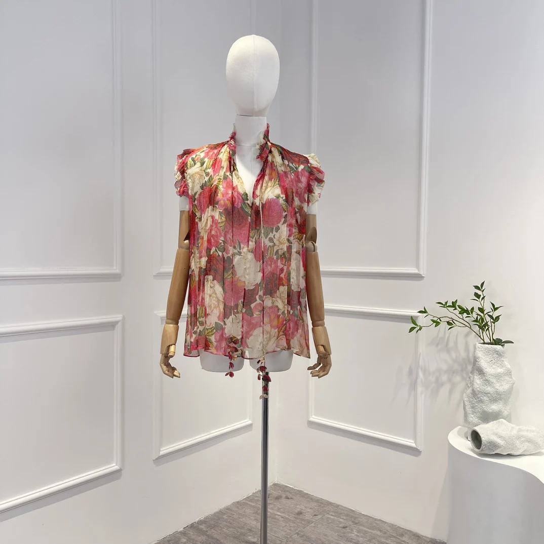 Женская Полупрозрачная блузка с цветочным принтом, полупрозрачная шелковая блузка с полуоткрытым воротником и аппликацией, для весны, 2023