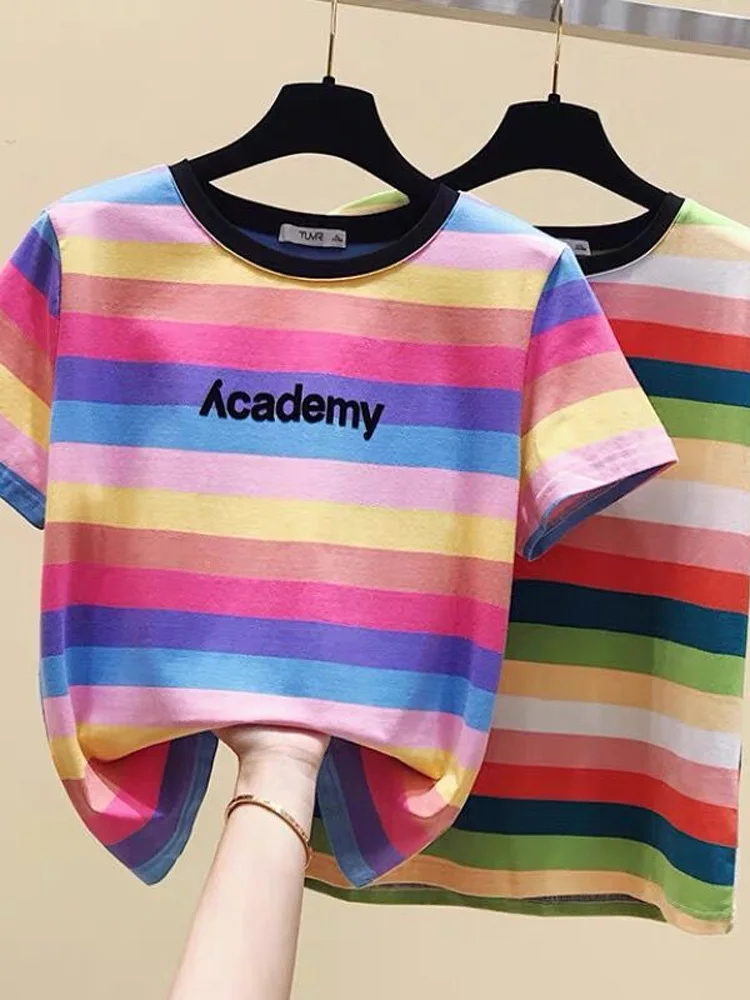 Женская футболка с цветными полосками, Повседневная футболка с коротким рукавом и буквенным принтом, милая одежда в стиле Харадзюку, корейс...
Женская футболка с цветными полосками, Повседневная футболка с коротким рукавом и буквенным принтом, милая одежда в стиле Харадзюку, корейс...