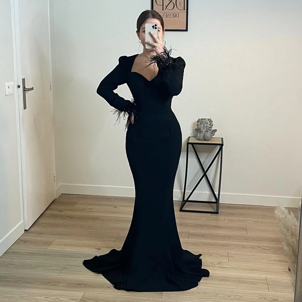 OEING Sweetheart Robe De Soirée Custom Made Evening Gown Long Sleeves Mermaid Black Feather Party Dress Elegant Prom Dresses
OEING Sweetheart Robe De Soirée Custom Made Evening Gown Long Sleeves Mermaid Black Feather Party Dress Elegant Prom Dresses