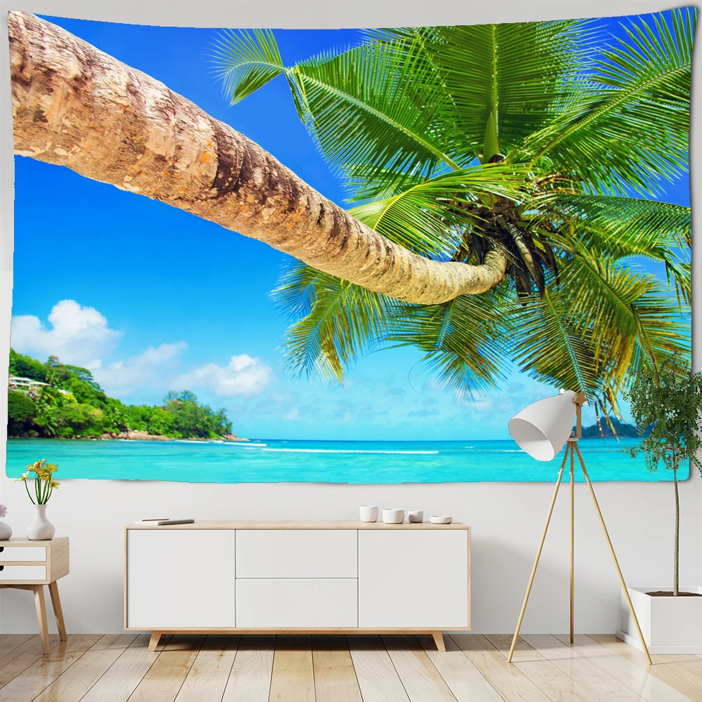 

Beautiful Sea Scenery Tapestry Sea Vintage Beach Seascape Palm Tree Tapestry Wall Hanging Tapestries Boho Bedroom Wall Rug