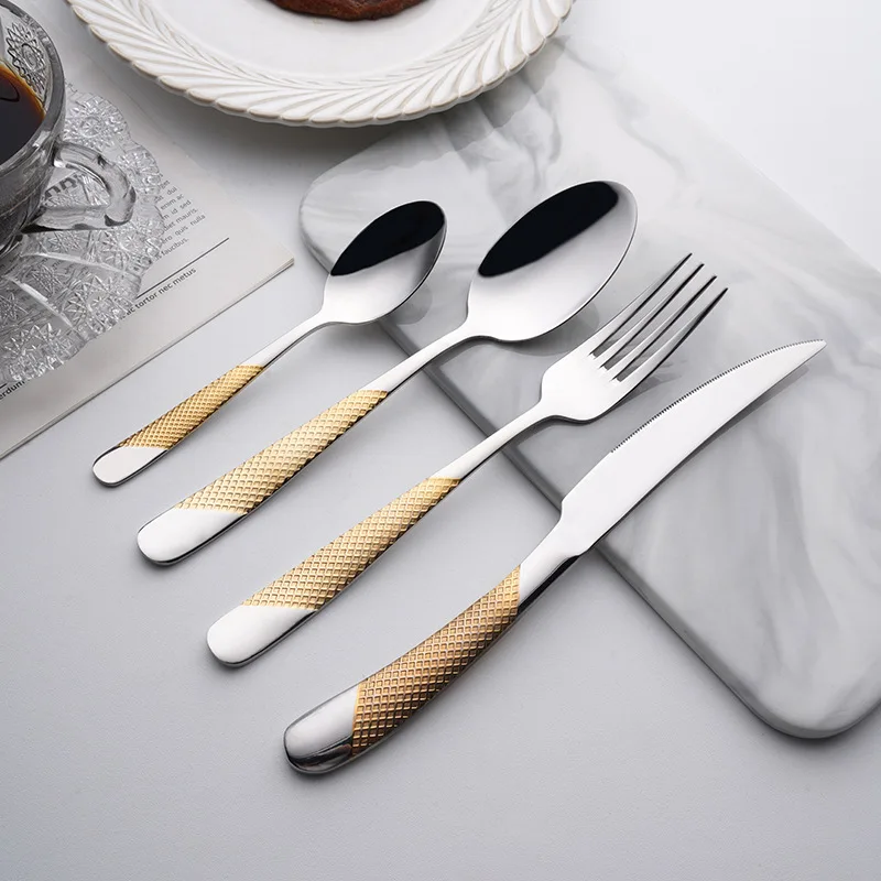 New Stainless Steel Knife, Fork and Spoon 420 Serrated Steak Knife 304 Handle Gold Plated Spoons, Dinner Forks and Teaspoons
New Stainless Steel Knife, Fork and Spoon 420 Serrated Steak Knife 304 Handle Gold Plated Spoons, Dinner Forks and Teaspoons