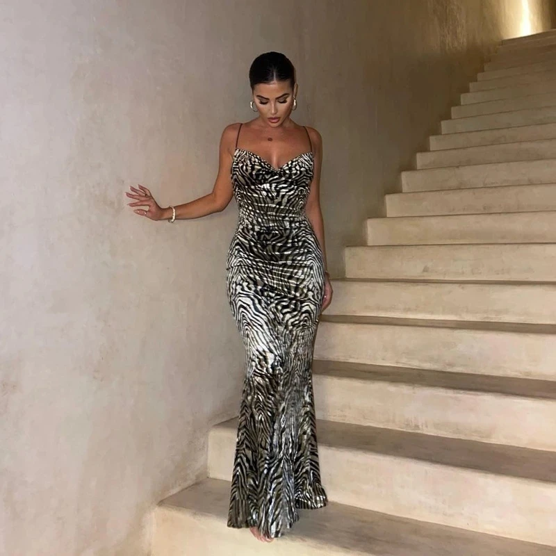 Personality Zebra Stripe Print Dress Women Sexy Elegant Deep V Neck Backless Suspender Maxi Dresses Party Wear Vestidos
Personality Zebra Stripe Print Dress Women Sexy Elegant Deep V Neck Backless Suspender Maxi Dresses Party Wear Vestidos