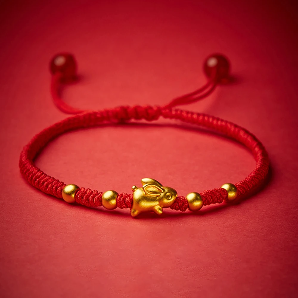 Подлинный настоящий 999 24-каратный желтый Золотой 3D счастливый кролик с золотой бусиной красный плетеный браслет