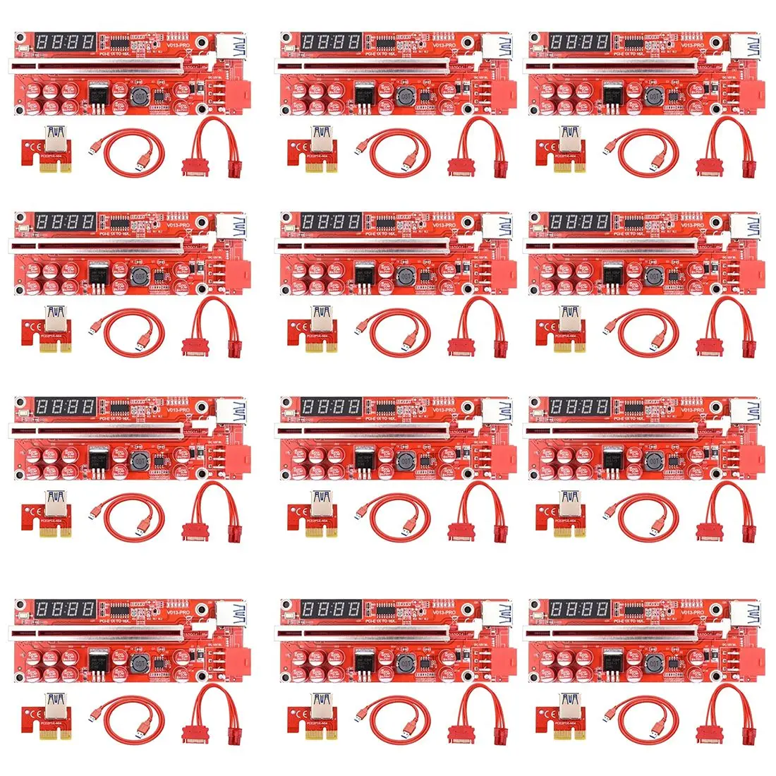12 Pack V013 PRO PCI-E 1X to 16X Graphics Riser Card with 10 Solid Capacitors/Temperature Probe/LED Light for BTC Mining 
12 Pack V013 PRO PCI-E 1X to 16X Graphics Riser Card with 10 Solid Capacitors/Temperature Probe/LED Light for BTC Mining