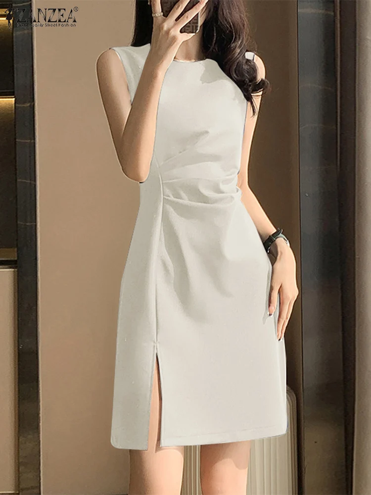 Women Elegant Mini Dress ZANZEA Korean Fashion Draped Short Robes Summer Sleeveless O-neck Tank Dress Office Slit Hem Vestidos
Women Elegant Mini Dress ZANZEA Korean Fashion Draped Short Robes Summer Sleeveless O-neck Tank Dress Office Slit Hem Vestidos