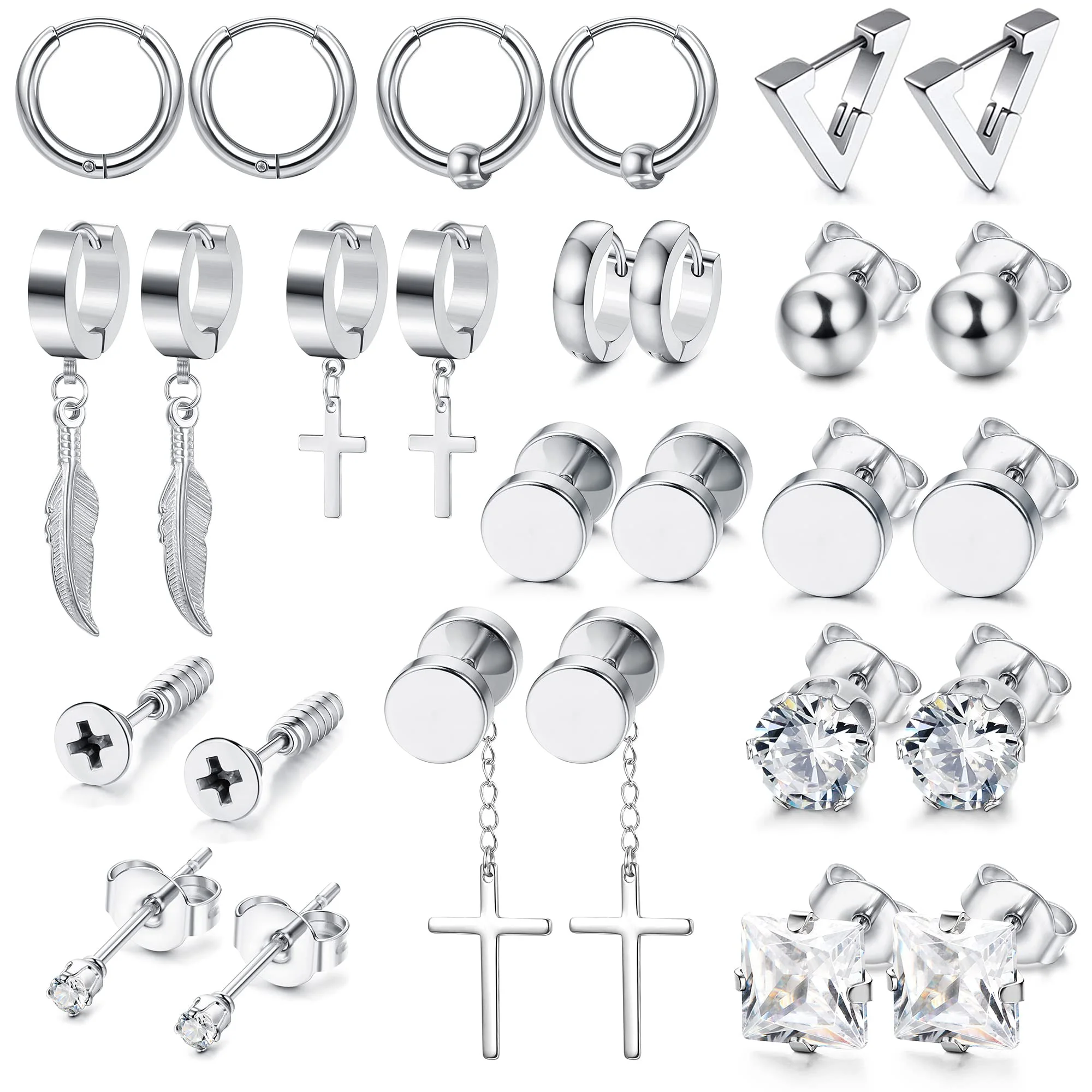 14 Pairs Men Women Stainless Steel Silver Stud Earrings Cross Dangle Earrings Piercing Hoop Earrings CZ Screw Stud Earrings Set
14 Pairs Men Women Stainless Steel Silver Stud Earrings Cross Dangle Earrings Piercing Hoop Earrings CZ Screw Stud Earrings Set