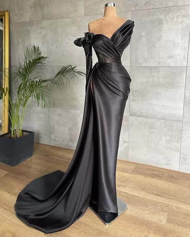 Sexy Black Mermaid Evening Formal Dresses One Shoulder Draped Floor Length Lace Stain Slit Pleated Side Train Woman Prom Dress
Sexy Black Mermaid Evening Formal Dresses One Shoulder Draped Floor Length Lace Stain Slit Pleated Side Train Woman Prom Dress