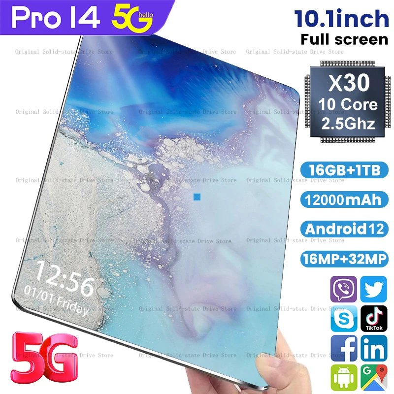 New Pro14 5G Tablet 10.1inch Tablet Android 16GB RAM 1TB ROM 12000mAh Android 12 MTK6797 Wifi Network Bluetooth Fullscreen 2023
New Pro14 5G Tablet 10.1inch Tablet Android 16GB RAM 1TB ROM 12000mAh Android 12 MTK6797 Wifi Network Bluetooth Fullscreen 2023