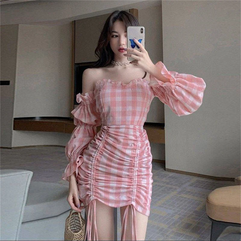 Fashion Off Shoulder Long Puff Sleeve Plaid Drawstring Dress Strapless Mini Dresses Set One Word Neck Pink Sweet Dress
Fashion Off Shoulder Long Puff Sleeve Plaid Drawstring Dress Strapless Mini Dresses Set One Word Neck Pink Sweet Dress