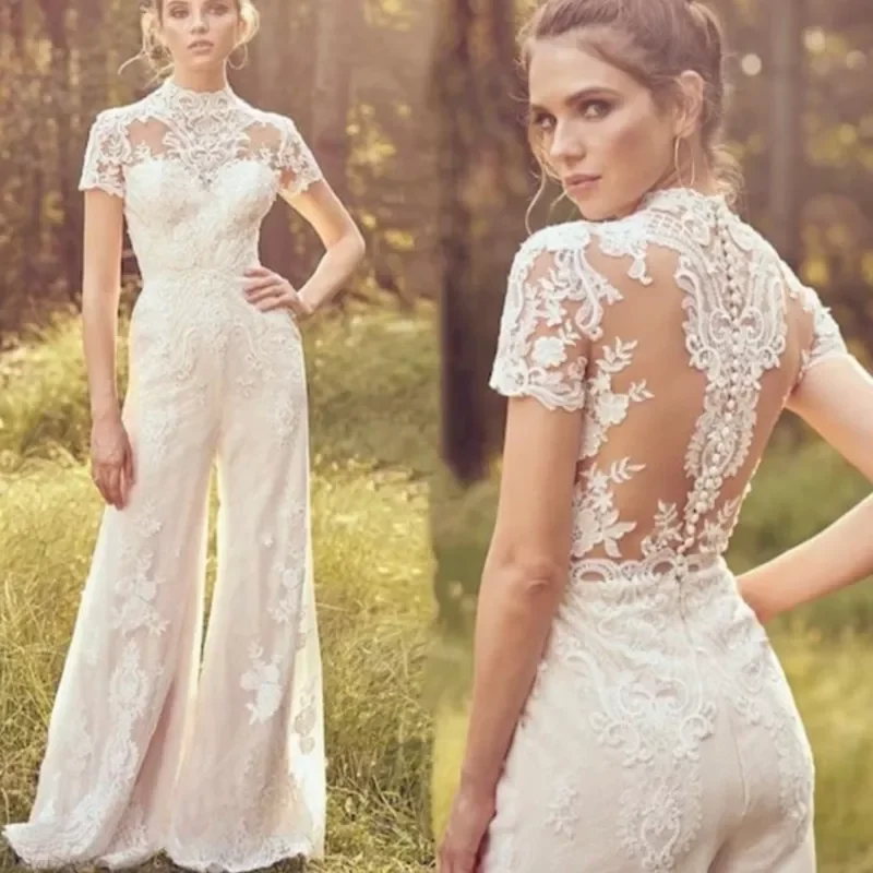 Luxury Jumpsuits High Neck Wedding Dress for Woman Short Sleeve Illusion Lace Appliques Bride Gown Vestidos De Soiree
Luxury Jumpsuits High Neck Wedding Dress for Woman Short Sleeve Illusion Lace Appliques Bride Gown Vestidos De Soiree