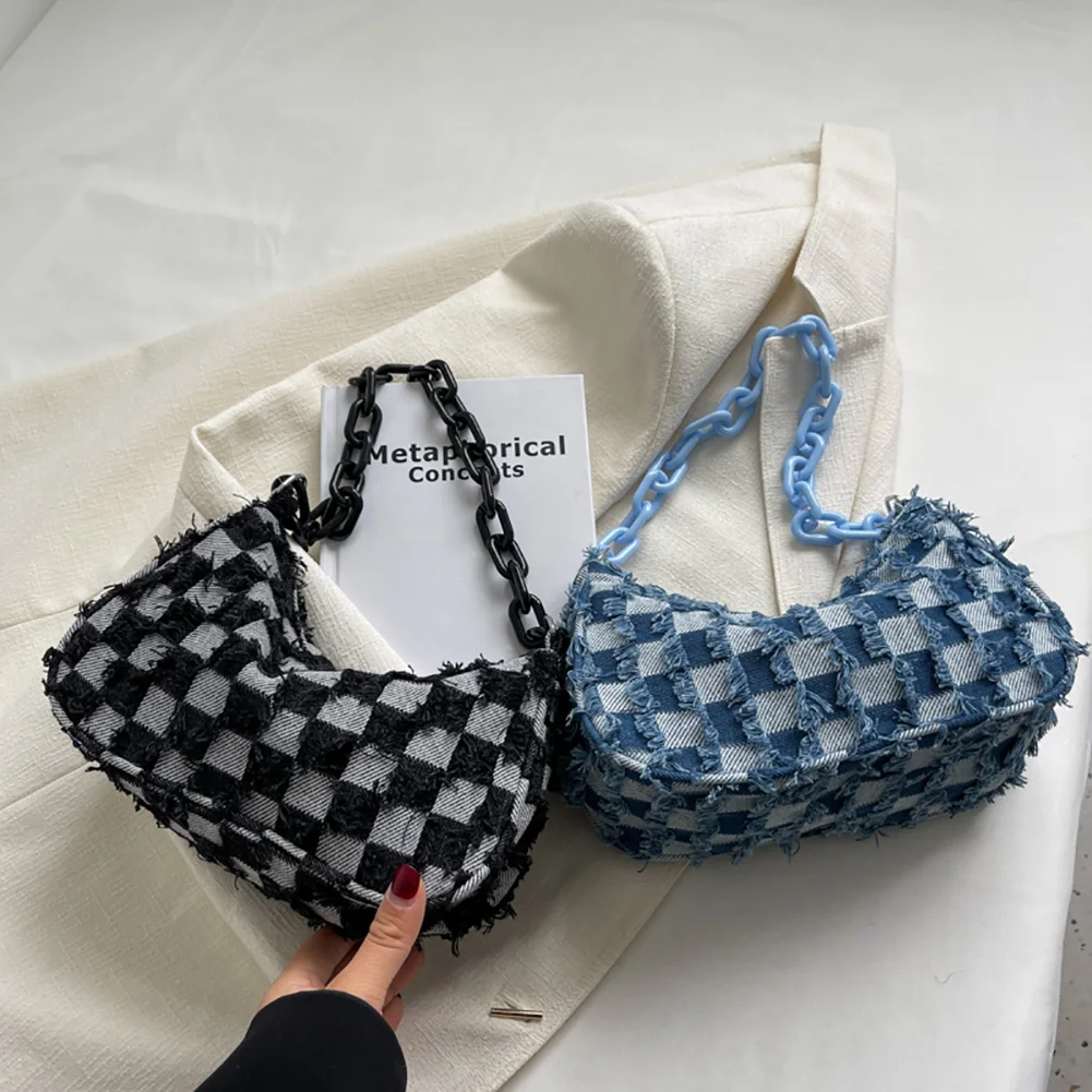 Vintage Denim Women Shoulder Underarm Bags Casual Checked Small Handbags Acrylic Chain Tote Bags Female Simple Shoulder Bags
Vintage Denim Women Shoulder Underarm Bags Casual Checked Small Handbags Acrylic Chain Tote Bags Female Simple Shoulder Bags