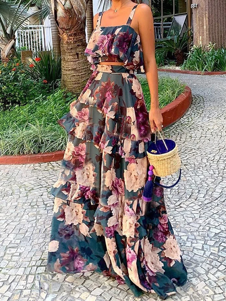 Women Summer Sexy Cake Skirt Sling Crop Top+Maxi Long Skirt Casual Floral Printed Ruffled High Waist Two Piece Set 2022 New
Women Summer Sexy Cake Skirt Sling Crop Top+Maxi Long Skirt Casual Floral Printed Ruffled High Waist Two Piece Set 2022 New