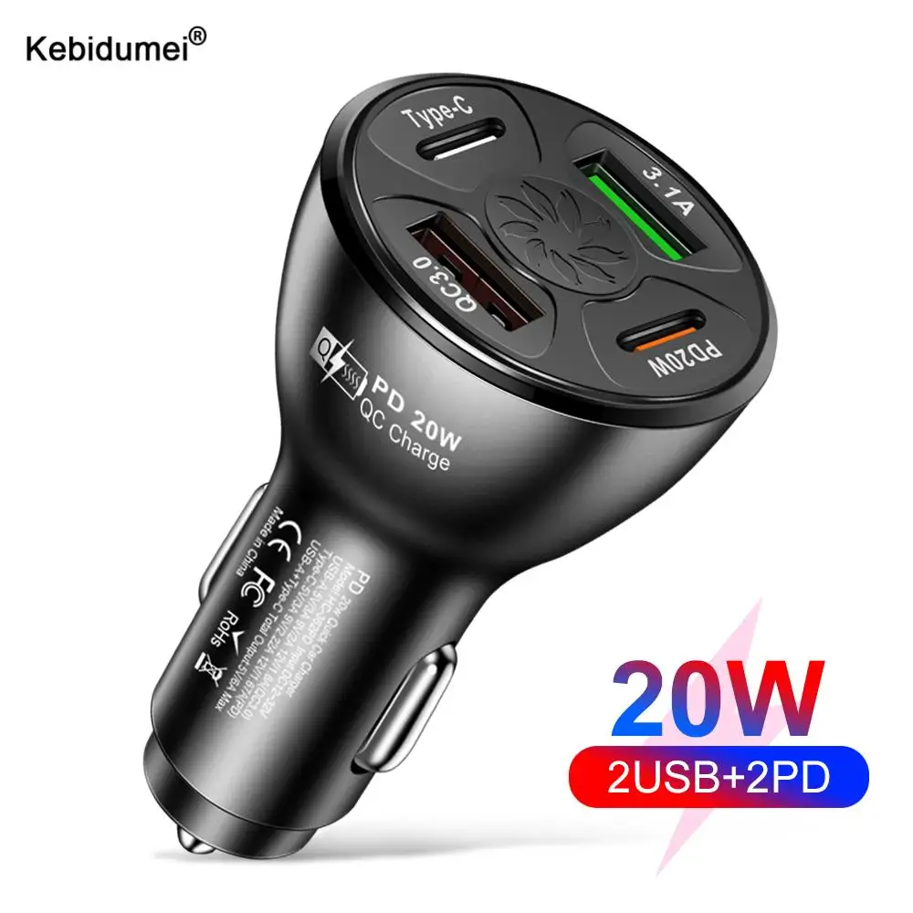 

Car 20W Quick Charge Car Phone Charger Dual USB 4 Ports QC3.0 PD Type-C Fast Charger for Car Cigarette Lighter Adapter Socket