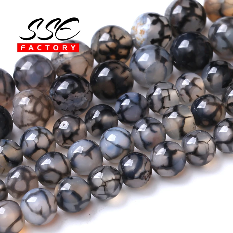 

Natural Black White Dragon Vein Agates Stone Beads Diy Bracelets Necklace Round Loose Beads For Jewelry Making 4 6 8 10 12mm 15"