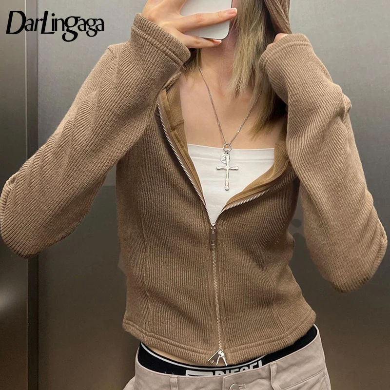 

Darlingaga Casual Knit Spring Autumn T shirt Female Hooded Top Solid Basic Outwear Harajuku Zip Up Jacket Shirt Cropped Clothing