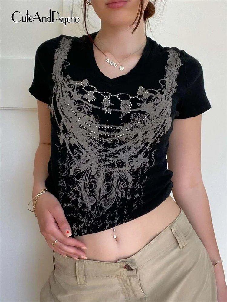Cuteandpsycho Vintage Y2K Gothic Crop Tshirts Graphic Printing Women's Grunge Clothing Streetwear Short Sleeve Rhinestone Tees 
Cuteandpsycho Vintage Y2K Gothic Crop Tshirts Graphic Printing Women's Grunge Clothing Streetwear Short Sleeve Rhinestone Tees