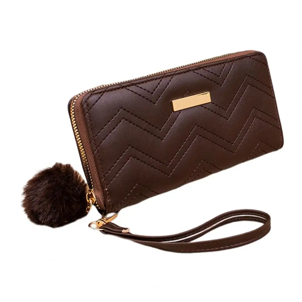 

Wallet Wristlet Pompom Multi-slots Wavy Stitch Iron Sheet Credit Card Holder Faux Leather Students Long Coins Purse Case