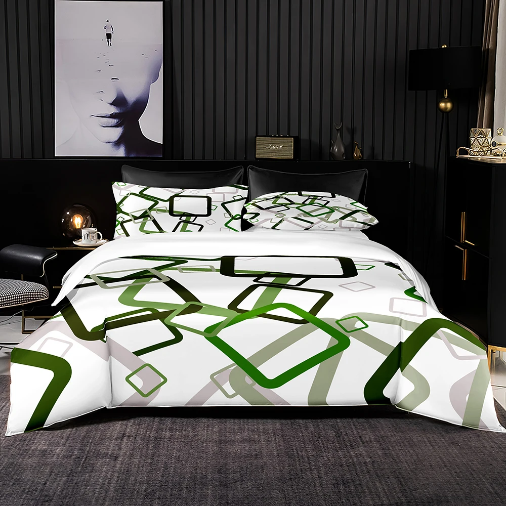 

Square Ring Element Bedding Set Green Gray Black Duvet Cover & Pillowcase Well Made Quilt Cover Simply Style for Queen King Size