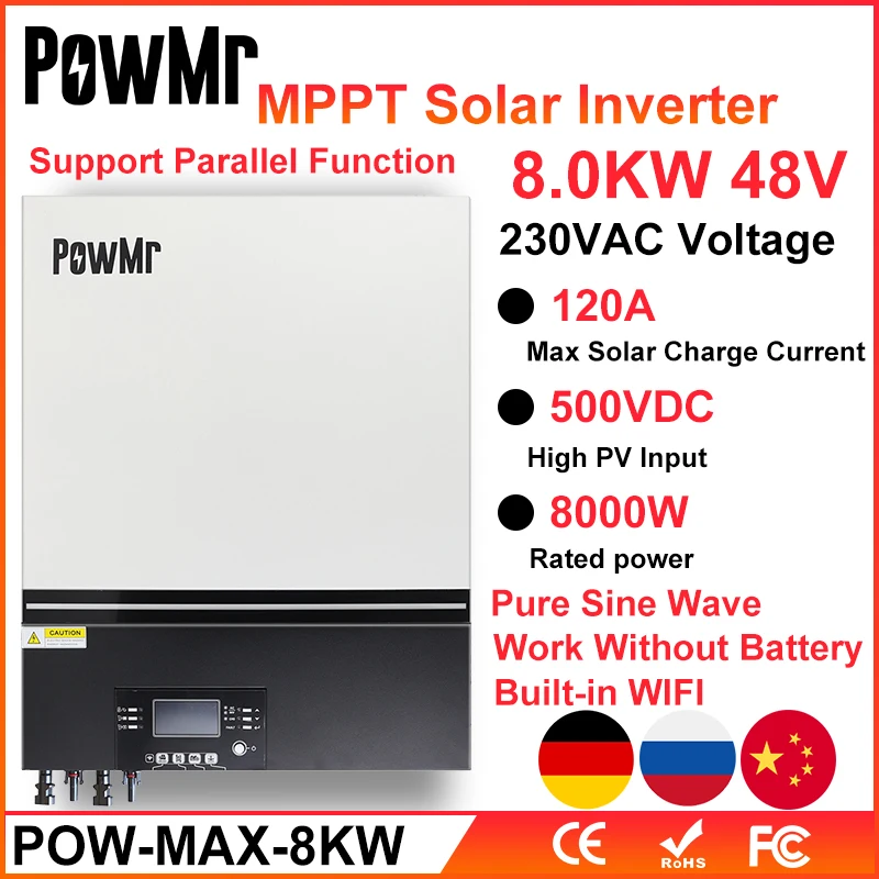 PowMr Soalr Inverter 8000W 230V 48V 500vdc PV Input 80A MPPT Solar Charger Built-in WIFI Pure Sine Wave Support Parallel 6 Units 
PowMr Soalr Inverter 8000W 230V 48V 500vdc PV Input 80A MPPT Solar Charger Built-in WIFI Pure Sine Wave Support Parallel 6 Units