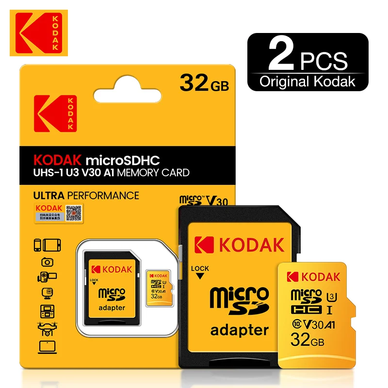 

2PCS KODAK Ultra Memory Card 32GB A1 U3 4K Micro SD 32g SDHC Microsd UHS-I C10 TF Performance Flash Original Minisd with Adapter