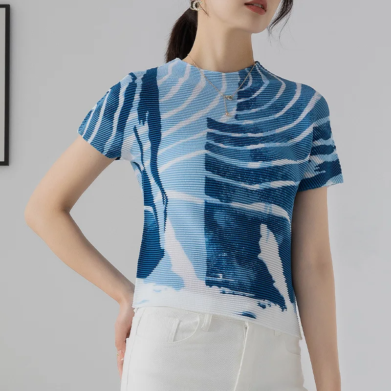 

Miyake Style Printed Top for Women 2023 Fashion Corn Pleated T-shirt round Neck Short Sleeve Design Sense Slim Fit Undershirt