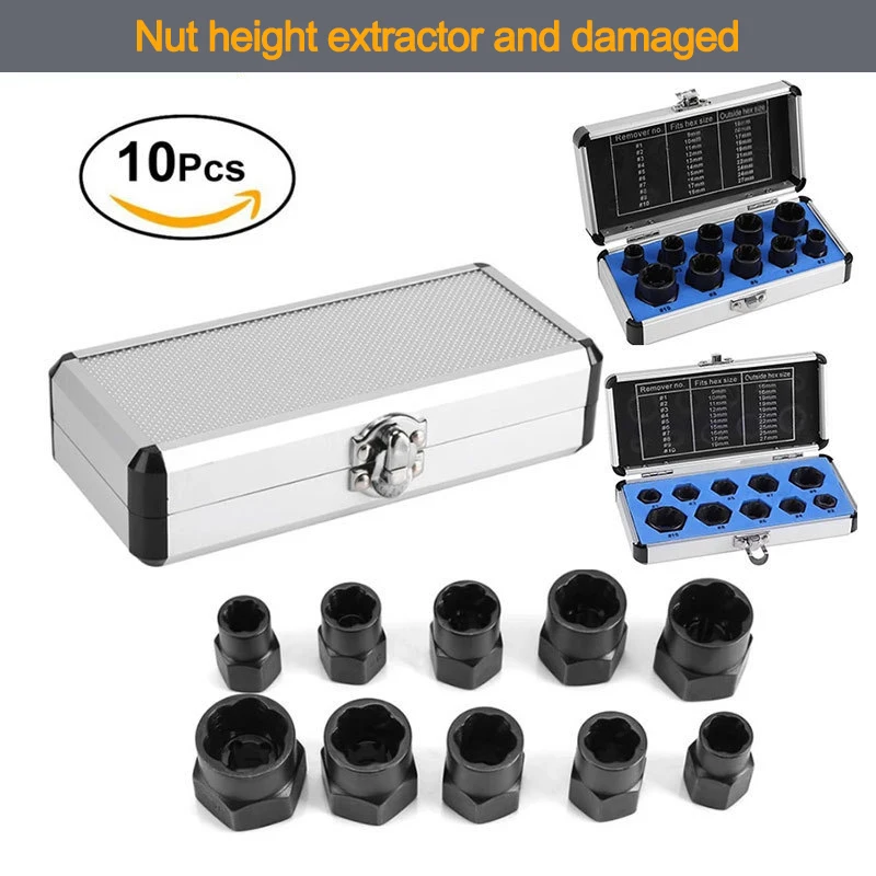 10 Pcs/ Set Broken Bolt Nut Extractor Hand Remover Kit Nut Hex Removal Tools Hardware Accessories For Car Repair 9-19 MM Caliber 
10 Pcs/ Set Broken Bolt Nut Extractor Hand Remover Kit Nut Hex Removal Tools Hardware Accessories For Car Repair 9-19 MM Caliber