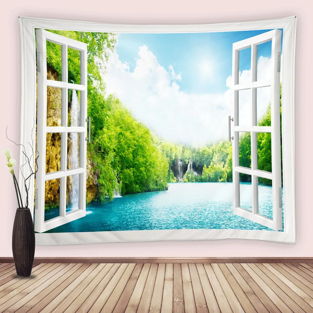 

Nature Landscape Tapestry Forest Jungle Waterfall Lake Window Scenery Art Wall Hanging Tapestry Bedroom Living Room Dorm Decor