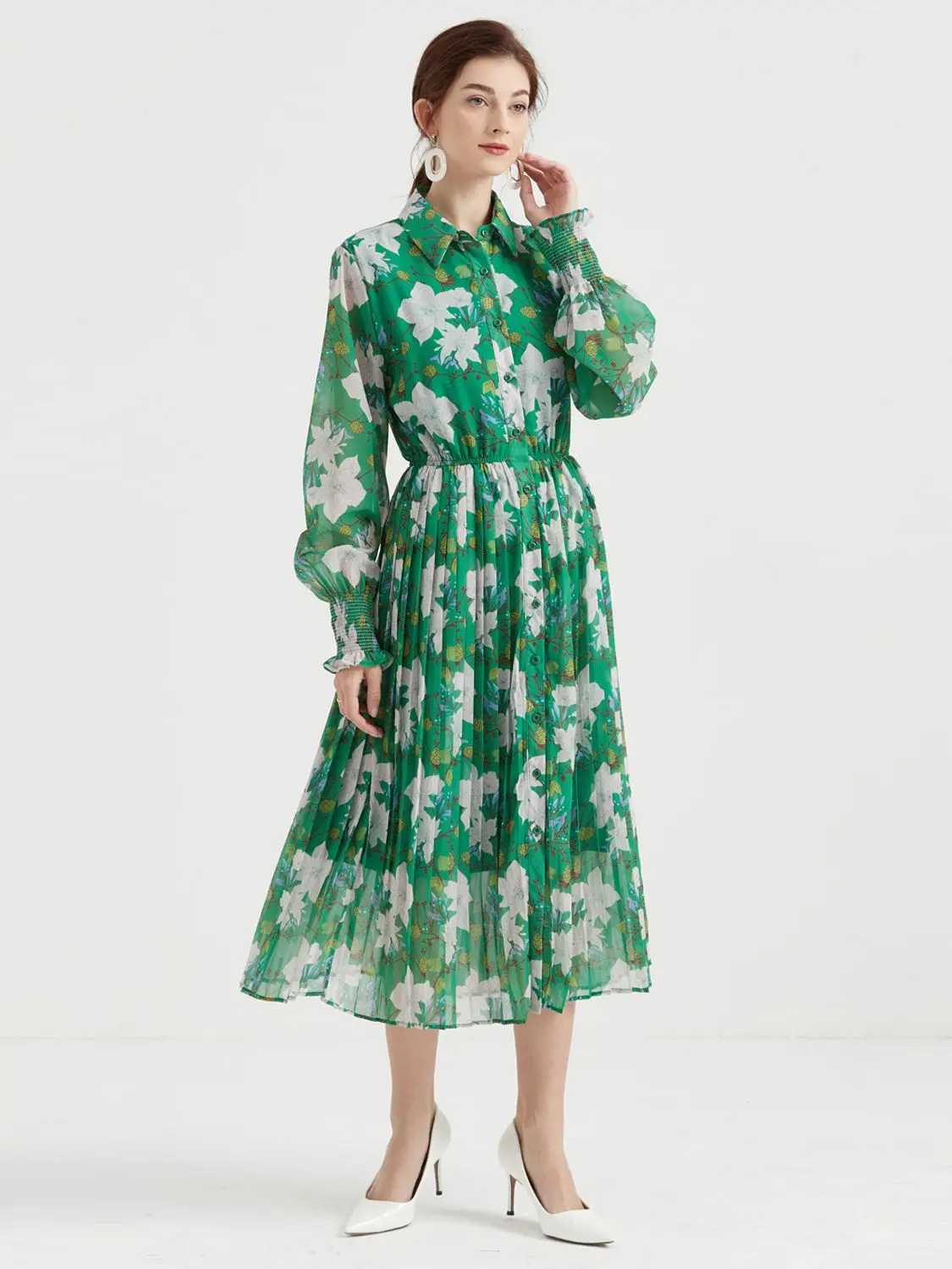 Women Green Flower Flowy Chiffon Pleated Dress Runway Long Lantern Sleeve Single Breasted Floral Print Holiday Party Vestidos
Women Green Flower Flowy Chiffon Pleated Dress Runway Long Lantern Sleeve Single Breasted Floral Print Holiday Party Vestidos
