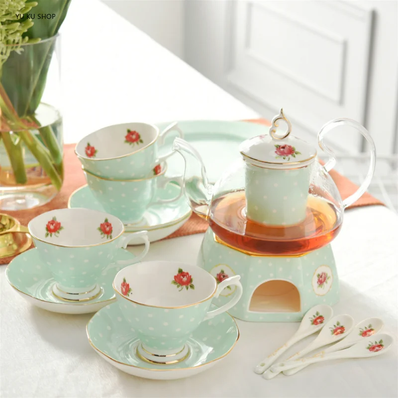 

English Afternoon Tea Set High-Grade Porcelain Tea Cups Set Glass Teapot with Filter Tea Warmer Candle Stove Wedding Gift