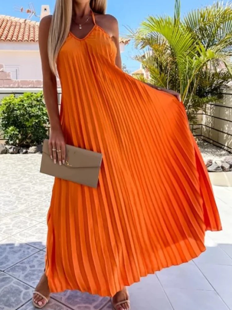 Sexy Off Shoulder Hanging Neck Lace Long Dress Women Elegant Rib Pleat Loose Maxi Dress Summer Casual Backless Solid Party Dress
Sexy Off Shoulder Hanging Neck Lace Long Dress Women Elegant Rib Pleat Loose Maxi Dress Summer Casual Backless Solid Party Dress