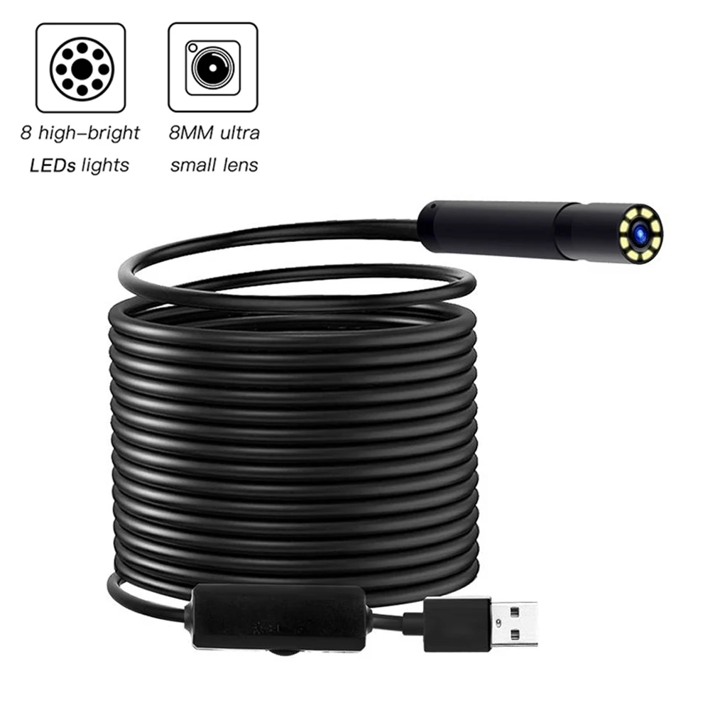 

2/5/10m HD 1280*720 Industrial Endoscope Borescope Inspection Camera Built-in 8pcs LEDs 8mm Lens IP67 Waterproof USB Endoscope