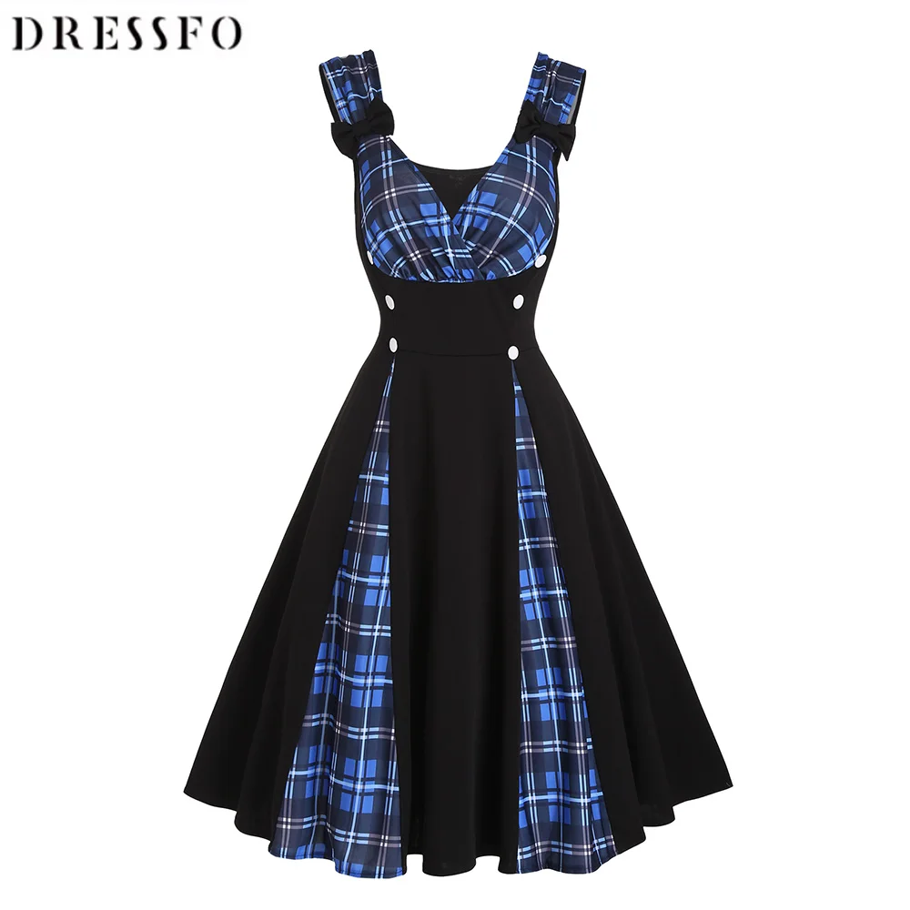 

Dressfo Women Vintage Dress Plaid Print Dress Bowknot Surplice Mock Button High Waist A Line Mini High Waist Dress