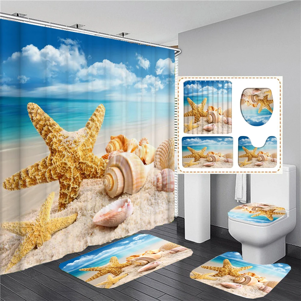 

Starfish Shower Curtain Set Beach Seashell Coastal Conch Sea Wave Rock Ocean Blue Sky Bath Curtain Rug Bathroom Mat Toilet Cover