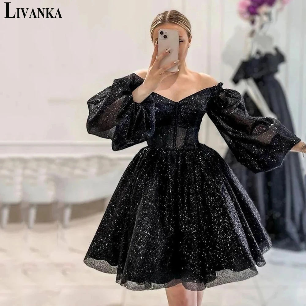 LIVANKA Glitter Evening Prom Dresses Black Short Sequin Off the Shoulder Puffy Sleeves Homecoming Dropping Shipping Vestidos
LIVANKA Glitter Evening Prom Dresses Black Short Sequin Off the Shoulder Puffy Sleeves Homecoming Dropping Shipping Vestidos