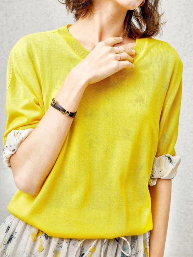 Women Yellow or Green Silk Wool Blend Sweater Half Sleeve Pullover Female Simple O-Neck Knitwear Top
Women Yellow or Green Silk Wool Blend Sweater Half Sleeve Pullover Female Simple O-Neck Knitwear Top