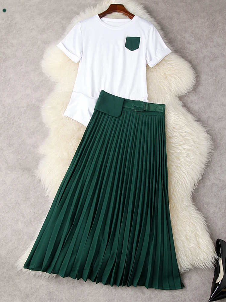 Designer Fashion 2022 Summer Casual Two Pieces Suit Women White T-Shirt+High Waist Pleated Skirt Green Blue Black Office Lady
Designer Fashion 2022 Summer Casual Two Pieces Suit Women White T-Shirt+High Waist Pleated Skirt Green Blue Black Office Lady